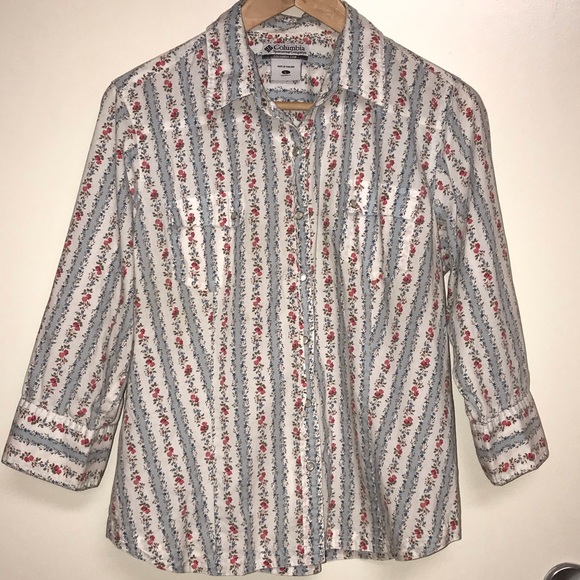 🌴3/$20 Columbia Sportswear Snap Floral Striped - Picture 1 of 6
